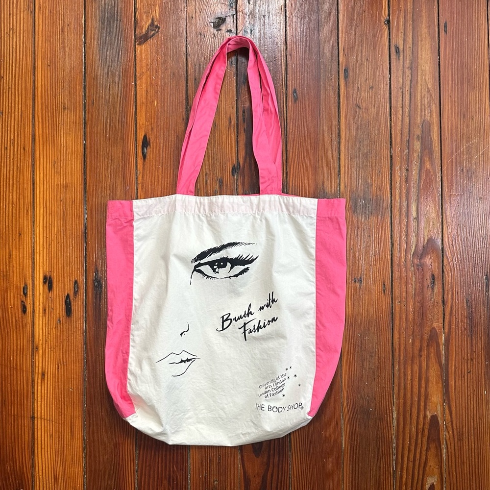 2008 The Body Shop cotton pink & white face tote bag 3x13.5x15